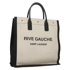 SAINT LAURENT Rive Gauche Hand Bag PVC Canvas Black White Silver